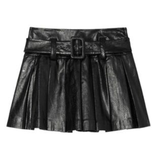 Ramy Brook Black Pleated Faux Leather Mini Skirt with Belted Waist